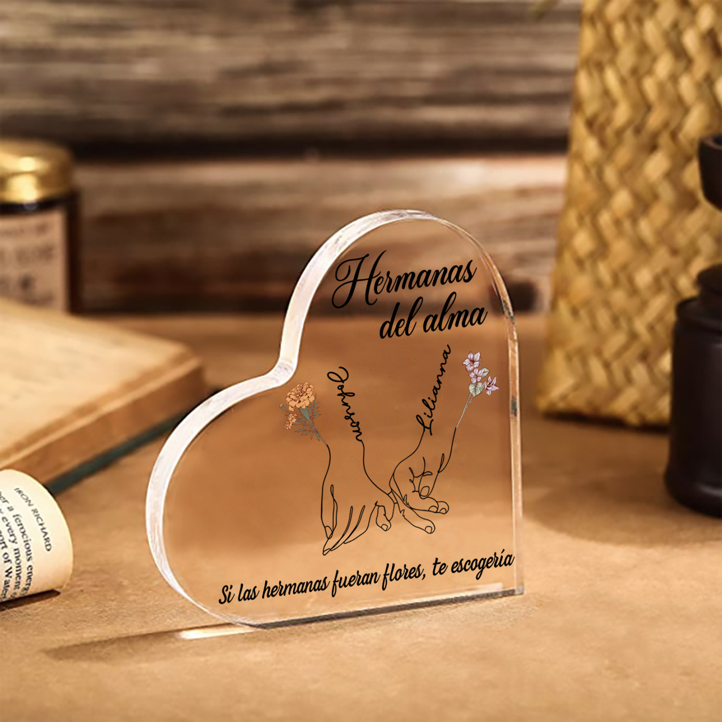 Placa de acrílico en forma de corazón para amiga/hermana con 2 nombres, flores de nacimiento y textos personalizados | Jessemade