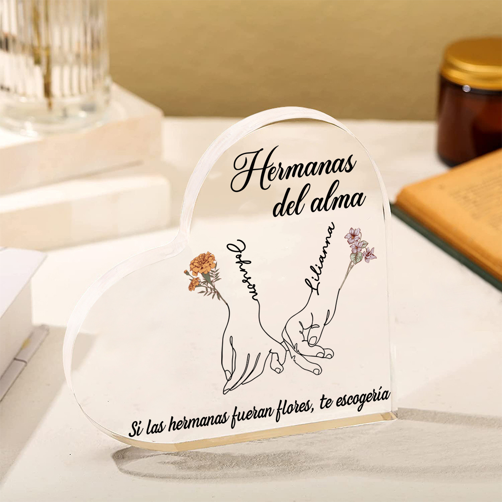 Placa de acrílico en forma de corazón para amiga/hermana con 2 nombres, flores de nacimiento y textos personalizados | Jessemade