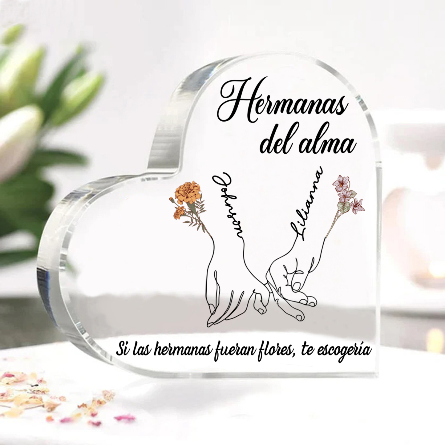 Placa de acrílico en forma de corazón para amiga/hermana con 2 nombres, flores de nacimiento y textos personalizados | Jessemade