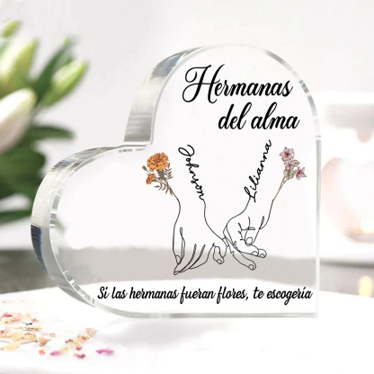 Placa de acrílico en forma de corazón para amiga/hermana con 2 nombres, flores de nacimiento y textos personalizados | Jessemade