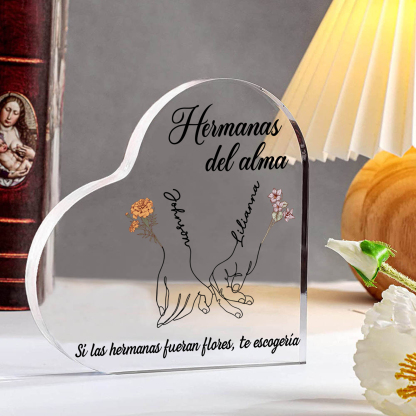 Placa de acrílico en forma de corazón para amiga/hermana con 2 nombres, flores de nacimiento y textos personalizados | Jessemade