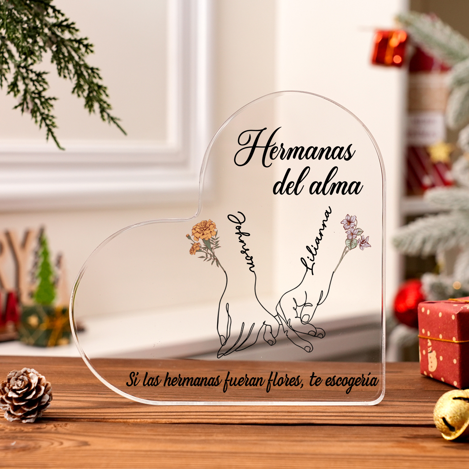 Placa de acrílico en forma de corazón para amiga/hermana con 2 nombres, flores de nacimiento y textos personalizados | Jessemade