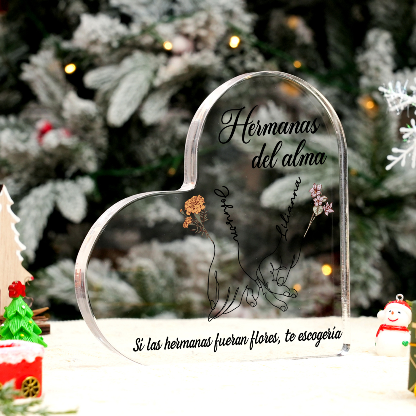 Placa de acrílico en forma de corazón para amiga/hermana con 2 nombres, flores de nacimiento y textos personalizados | Jessemade