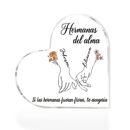 Placa de acrílico en forma de corazón para amiga/hermana con 2 nombres, flores de nacimiento y textos personalizados | Jessemade