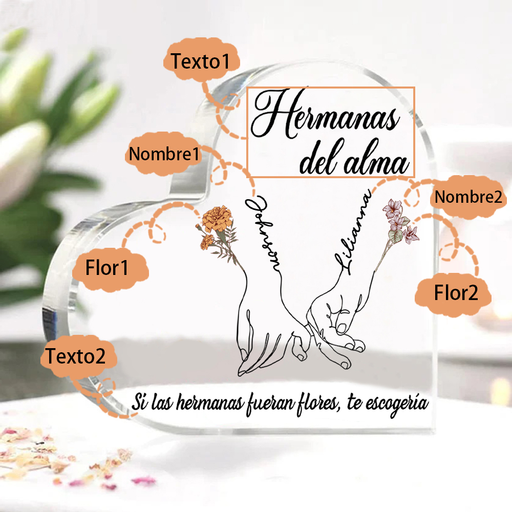 Placa de acrílico en forma de corazón para amiga/hermana con 2 nombres, flores de nacimiento y textos personalizados | Jessemade