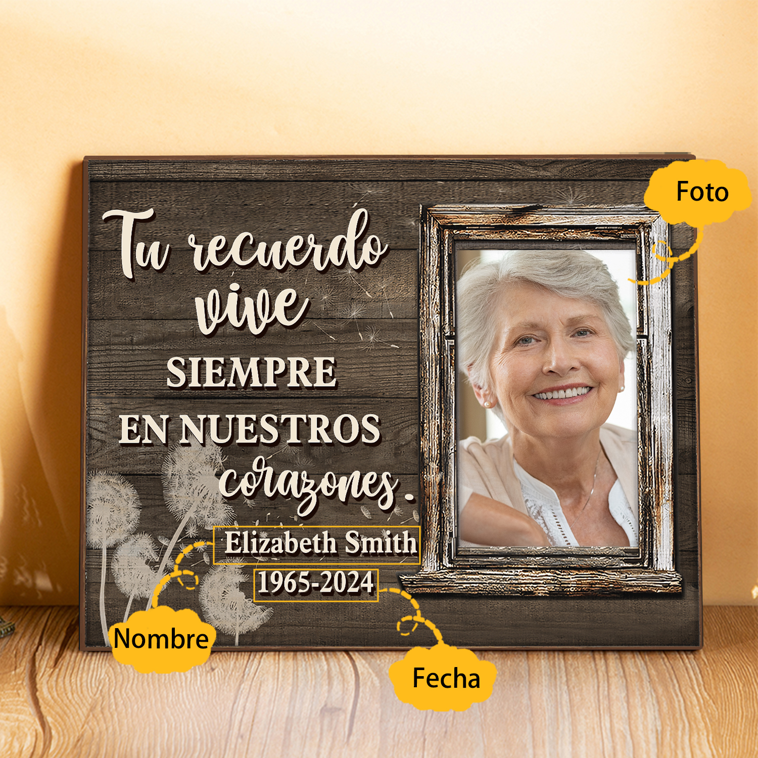 Lámina de madera con dientes de león en memoria a un ser querido nombre, años y foto personalizada | Jessemade