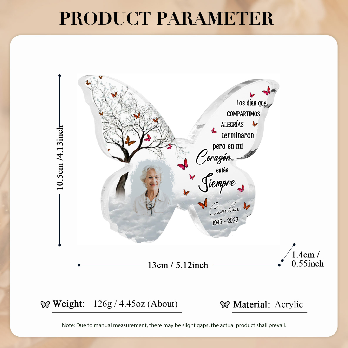 Placa de acrílico en forma de mariposa con nombre, años y foto personalizados para conmemoración | Jessemade