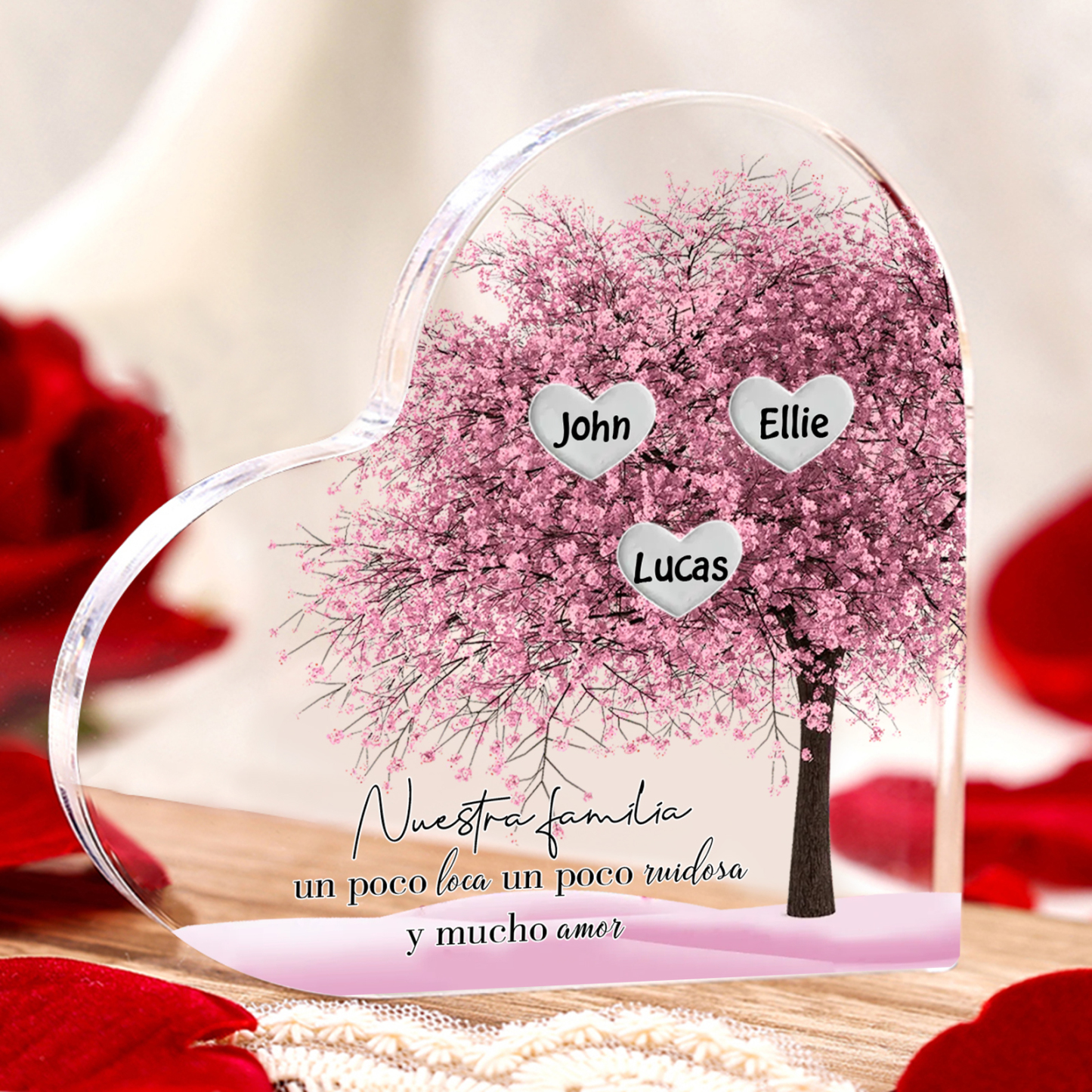 A familia-Placa de acrílico en forma de corazón árbol de vida 1 nombre