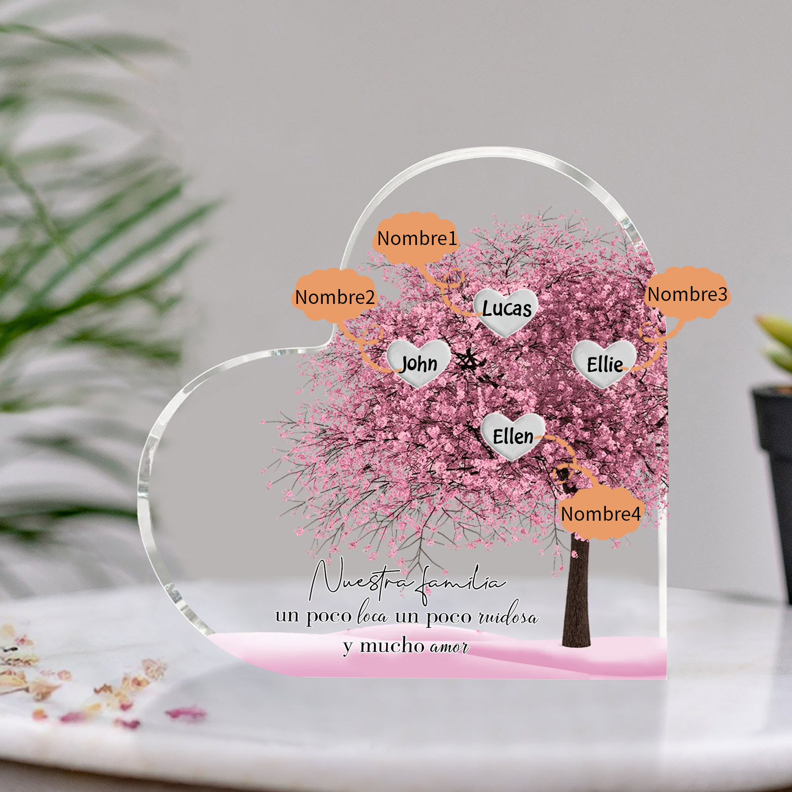 A familia-Placa de acrílico en forma de corazón árbol de vida 4 nombres personalizados | Jessemade