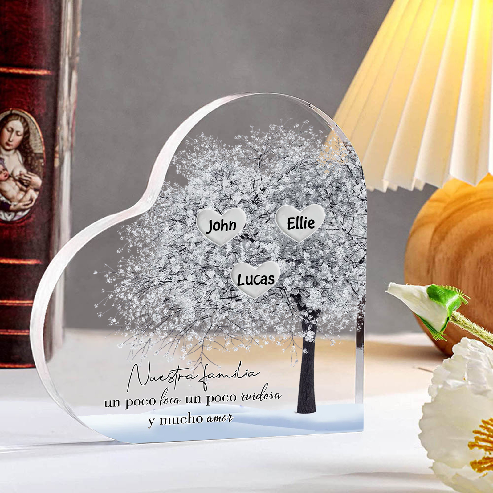 A familia-Placa de acrílico en forma de corazón Feliz Navidad árbol de vida 3 nombres personalizados | Jessemade