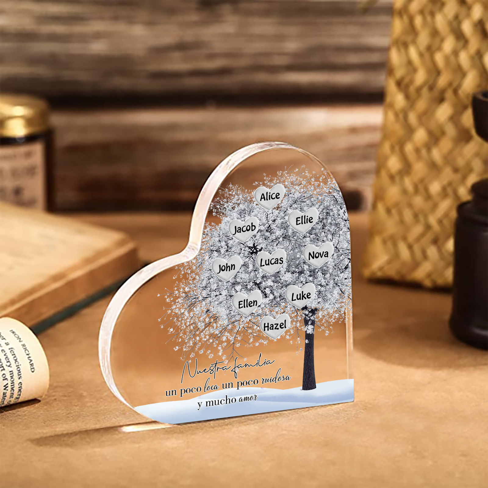 A familia-Placa de acrílico en forma de corazón Feliz Navidad árbol de vida 9 nombres personalizados | Jessemade