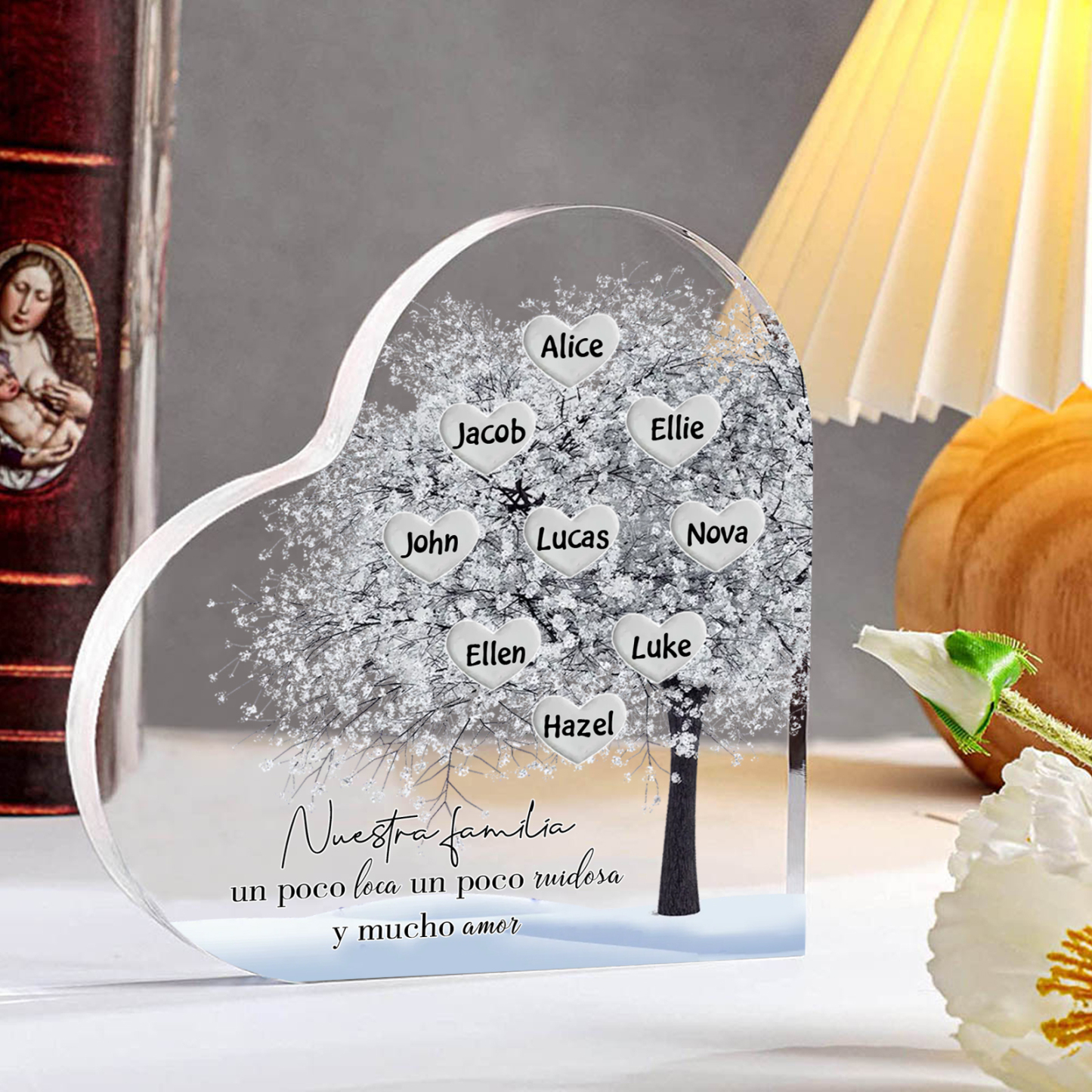 A familia-Placa de acrílico en forma de corazón Feliz Navidad árbol de vida 9 nombres personalizados | Jessemade