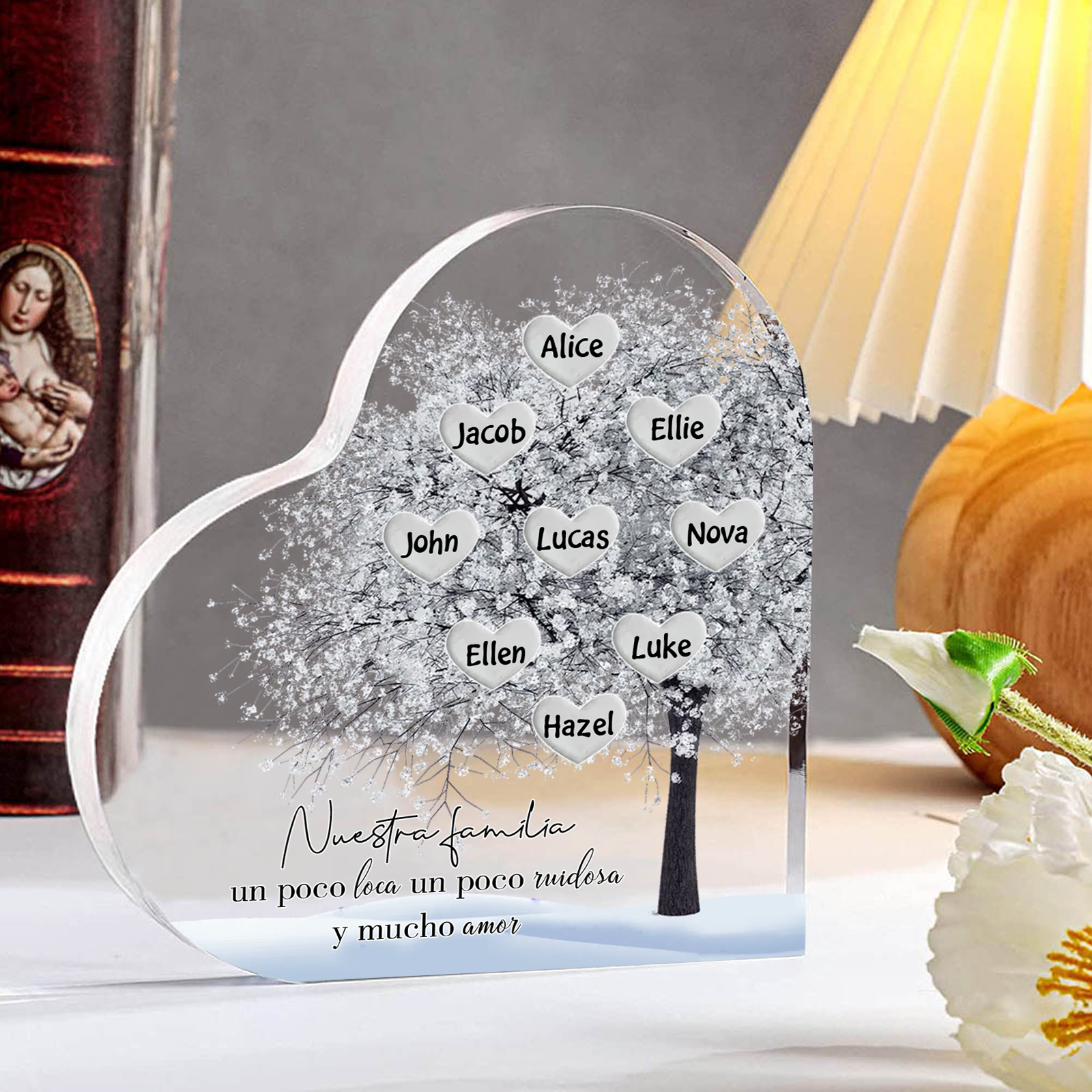 A familia-Placa de acrílico en forma de corazón Feliz Navidad árbol de vida 9 nombres personalizados | Jessemade