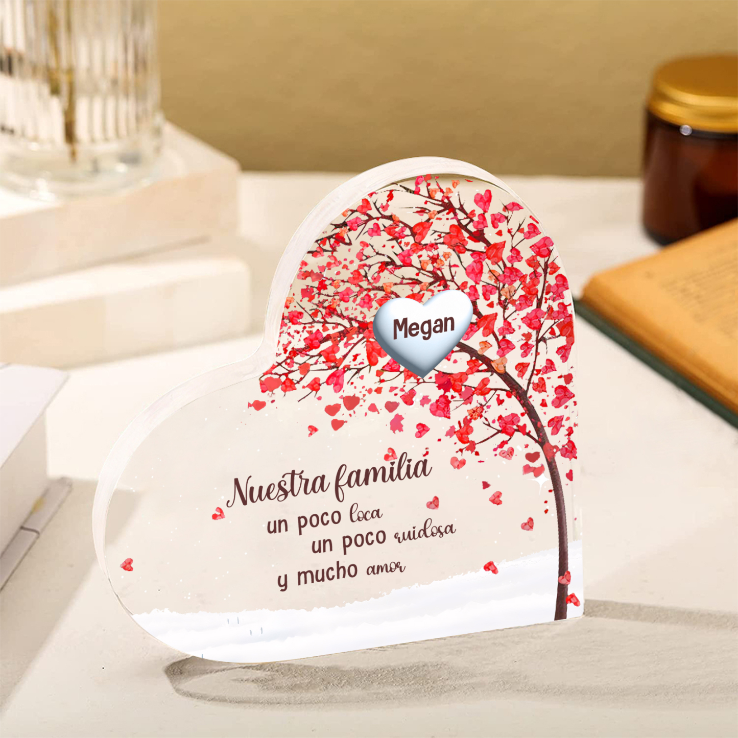 A la familia-Placa de acrílico en forma de corazón árbol de vida 1 nombre personalizado | Jessemade