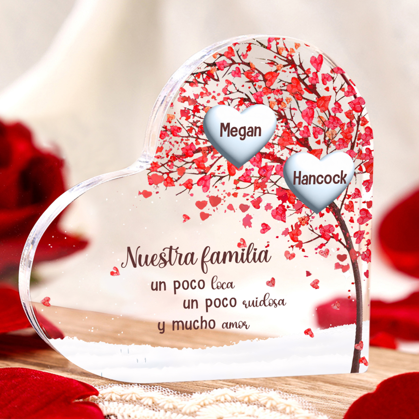A familia-Placa de acrílico en forma de corazón árbol de vida 1 nombre