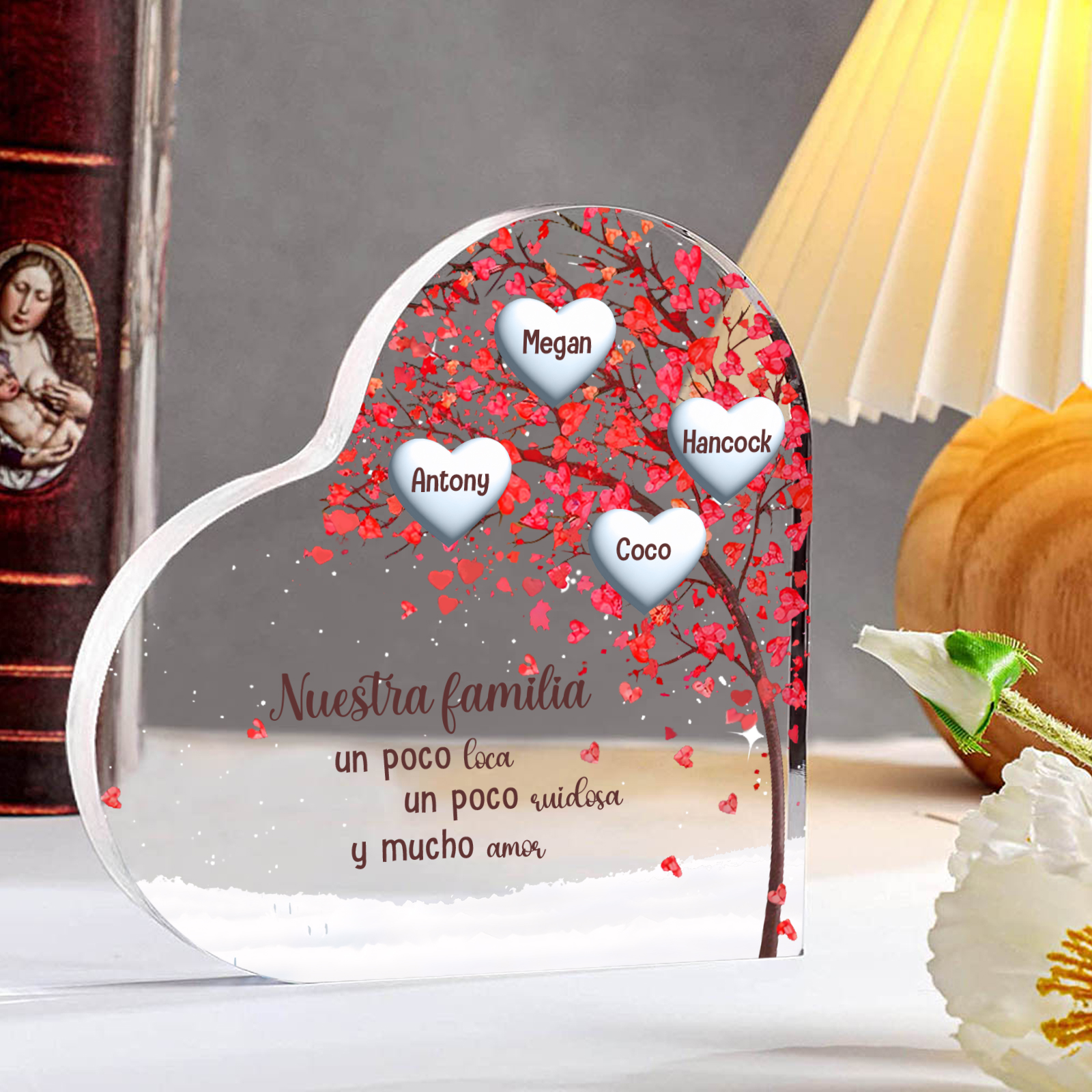 A la familia-Placa de acrílico en forma de corazón árbol de vida 4 nombres personalizados | Jessemade