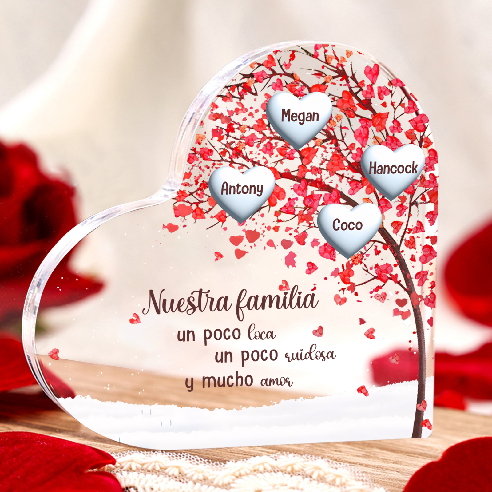 A familia-Placa de acrílico en forma de corazón árbol de vida 1 nombre