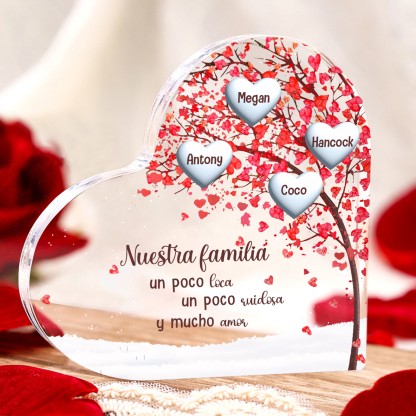 A familia-Placa de acrílico en forma de corazón árbol de vida 1 nombre