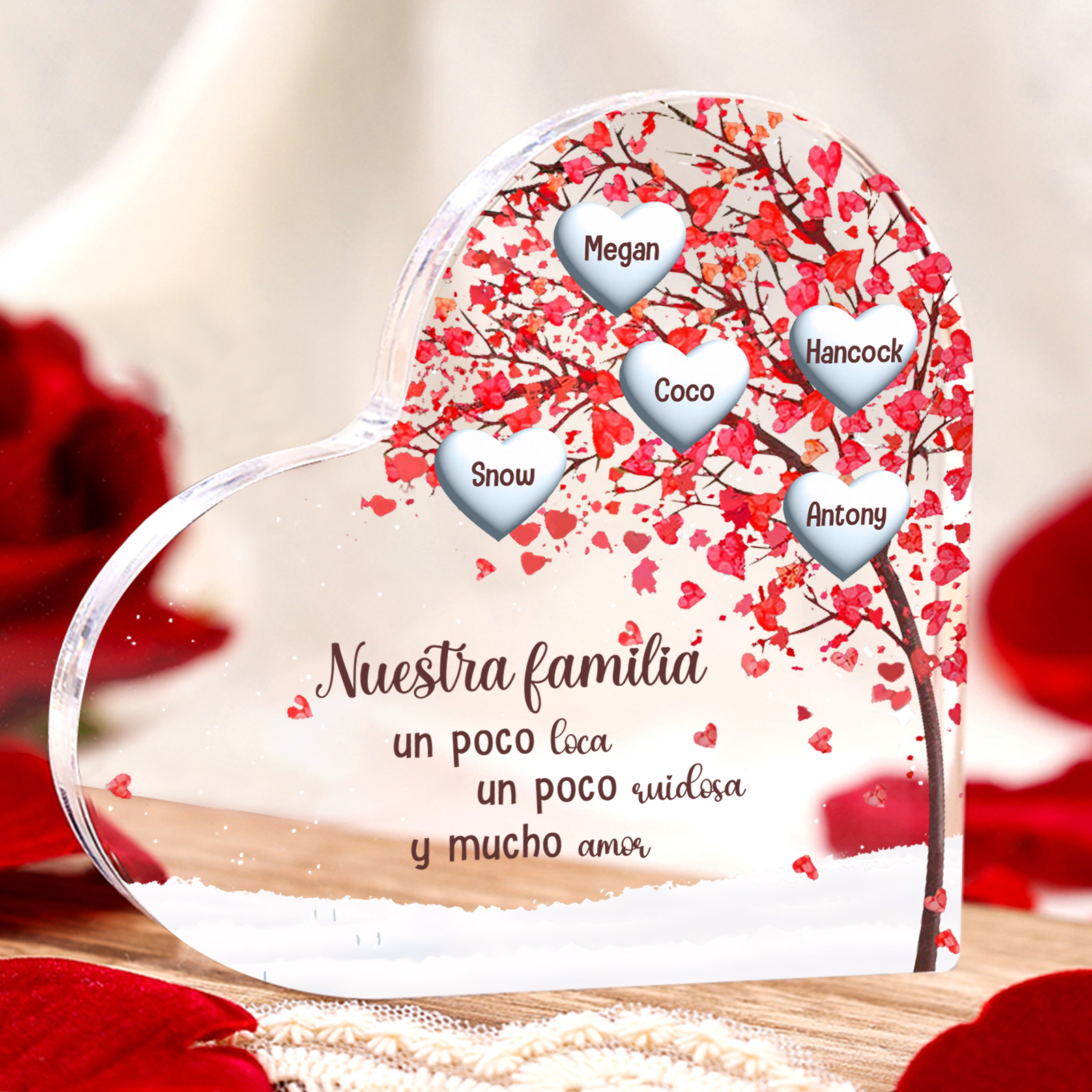 A familia-Placa de acrílico en forma de corazón árbol de vida 1 nombre