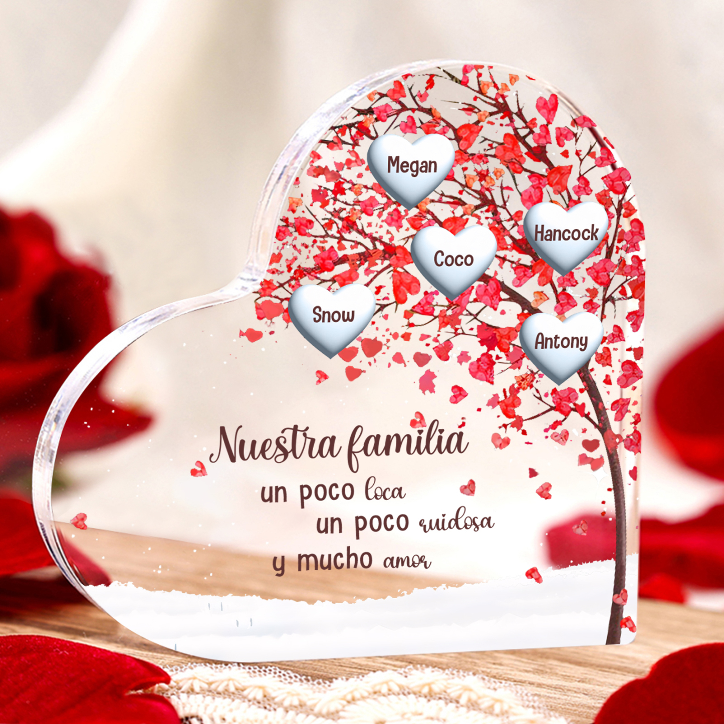 A familia-Placa de acrílico en forma de corazón árbol de vida 1 nombre