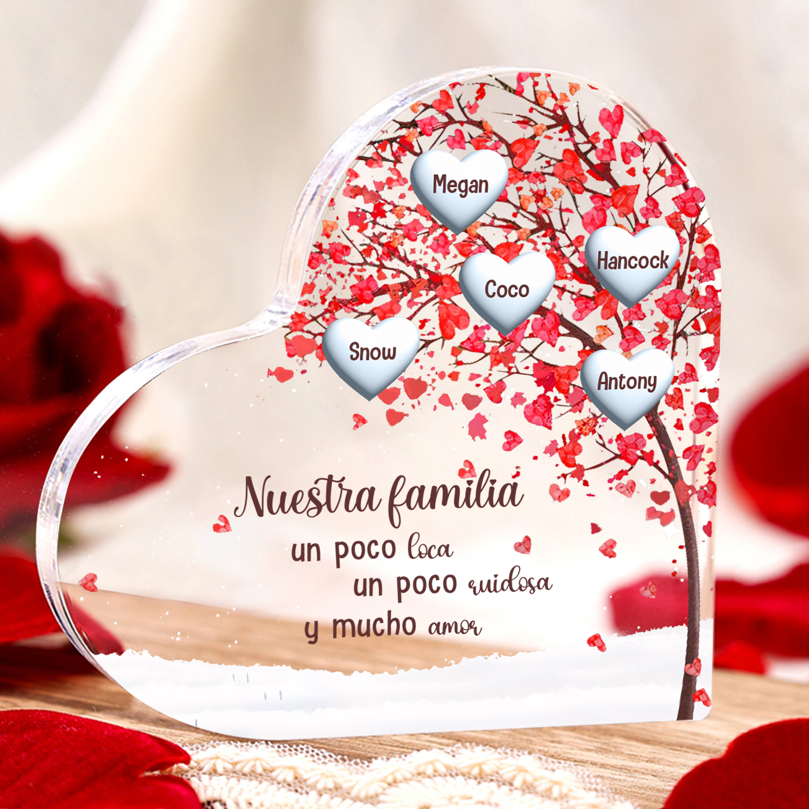 A familia-Placa de acrílico en forma de corazón árbol de vida 1 nombre