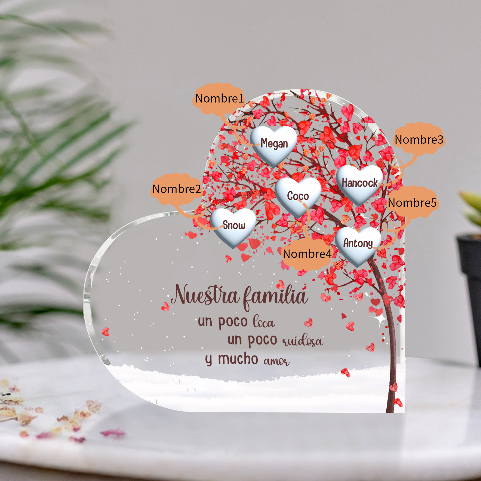 A la familia-Placa de acrílico en forma de corazón árbol de vida 5 nombres personalizados | Jessemade
