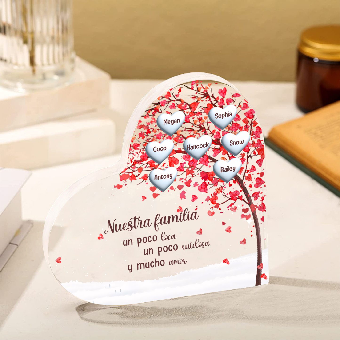 A la familia-Placa de acrílico en forma de corazón árbol de vida 7 nombres personalizados | Jessemade