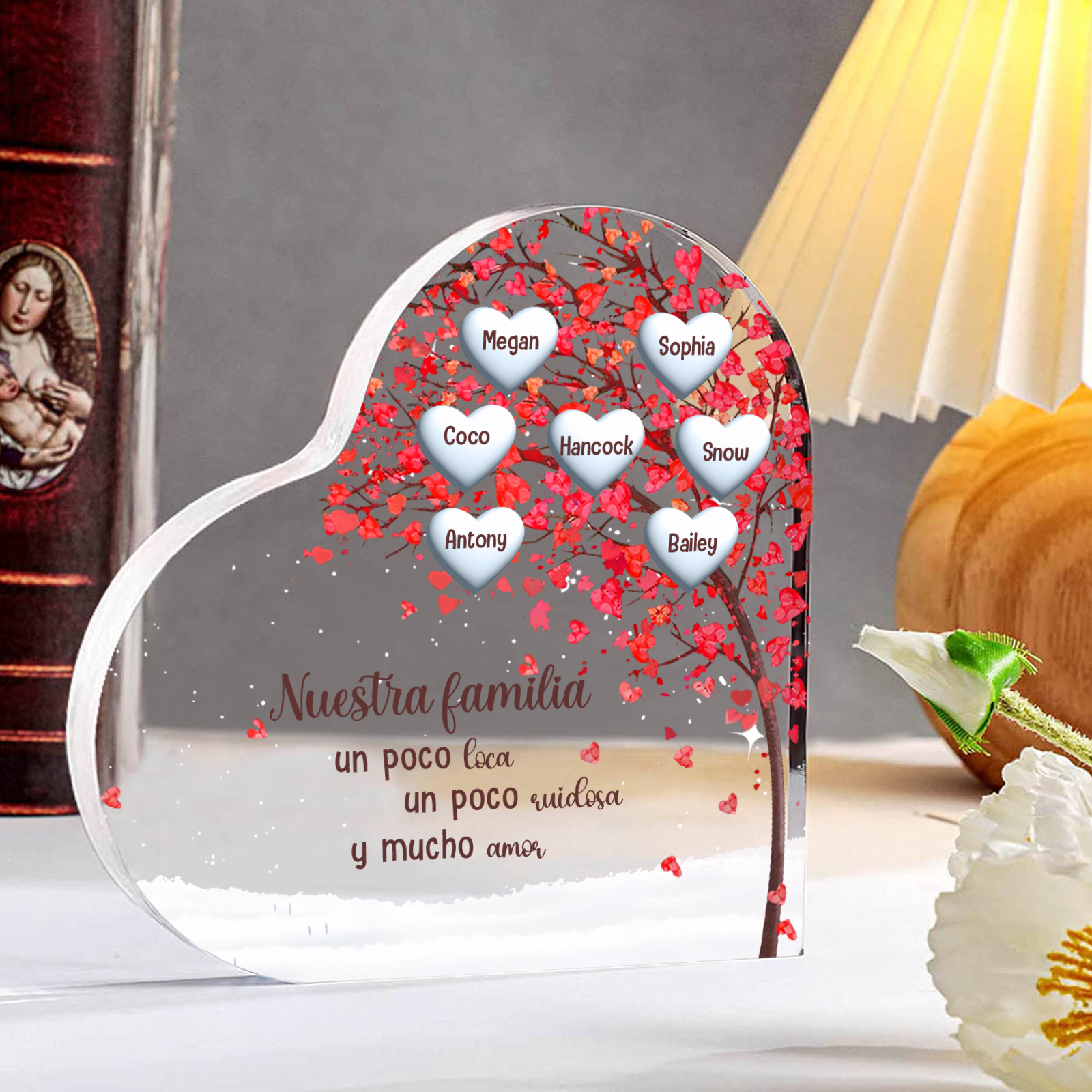 A la familia-Placa de acrílico en forma de corazón árbol de vida 7 nombres personalizados | Jessemade