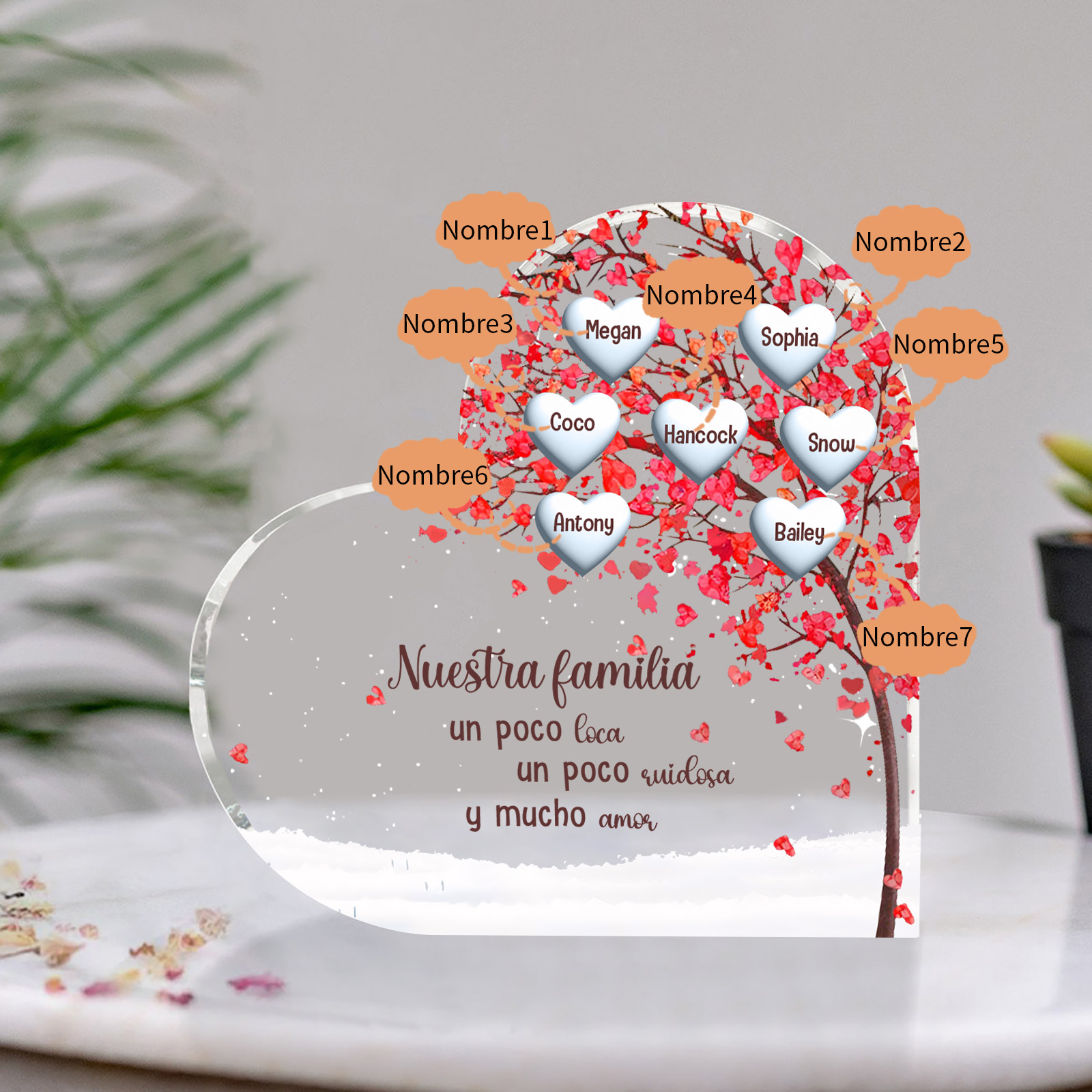 A la familia-Placa de acrílico en forma de corazón árbol de vida 7 nombres personalizados | Jessemade
