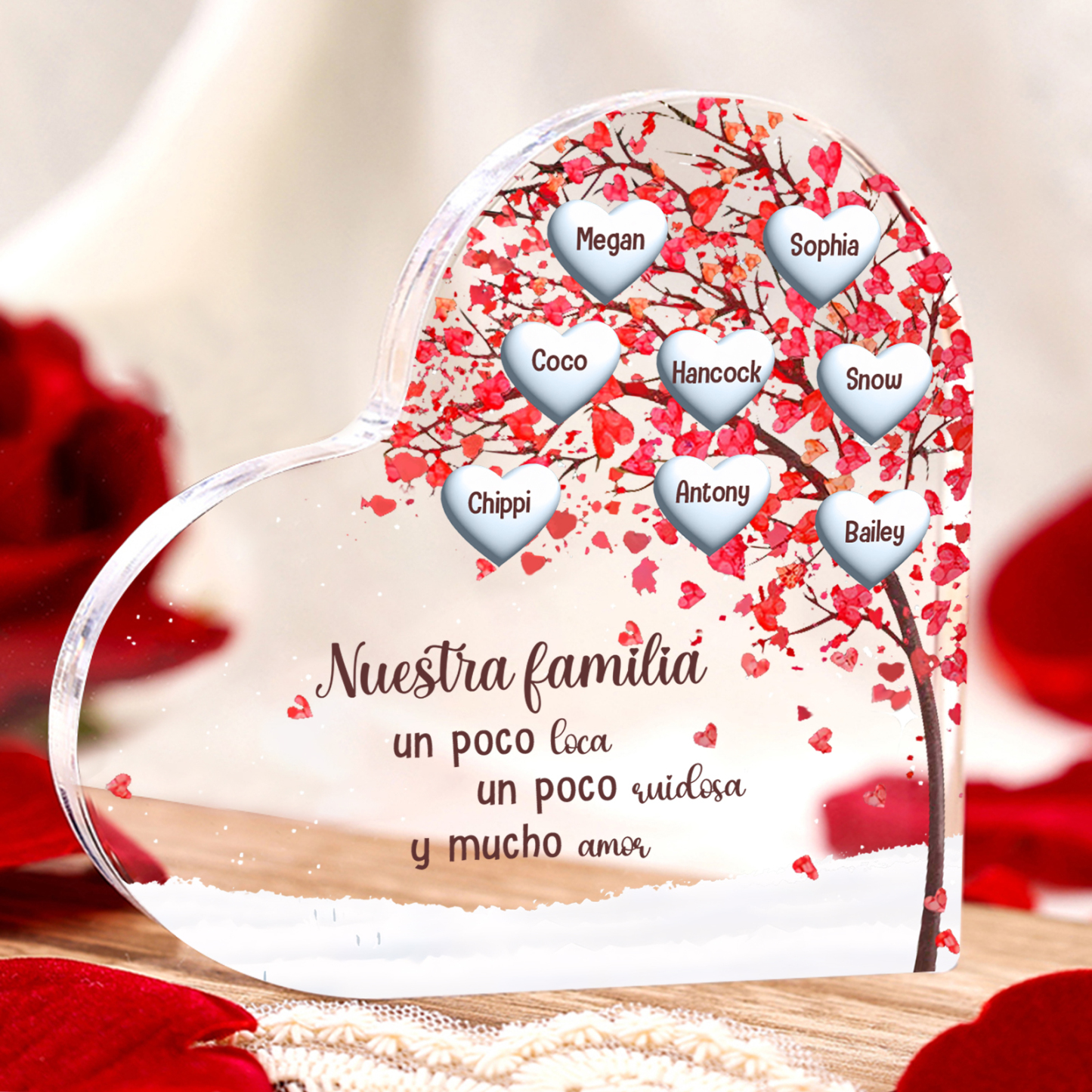 A familia-Placa de acrílico en forma de corazón árbol de vida 1 nombre