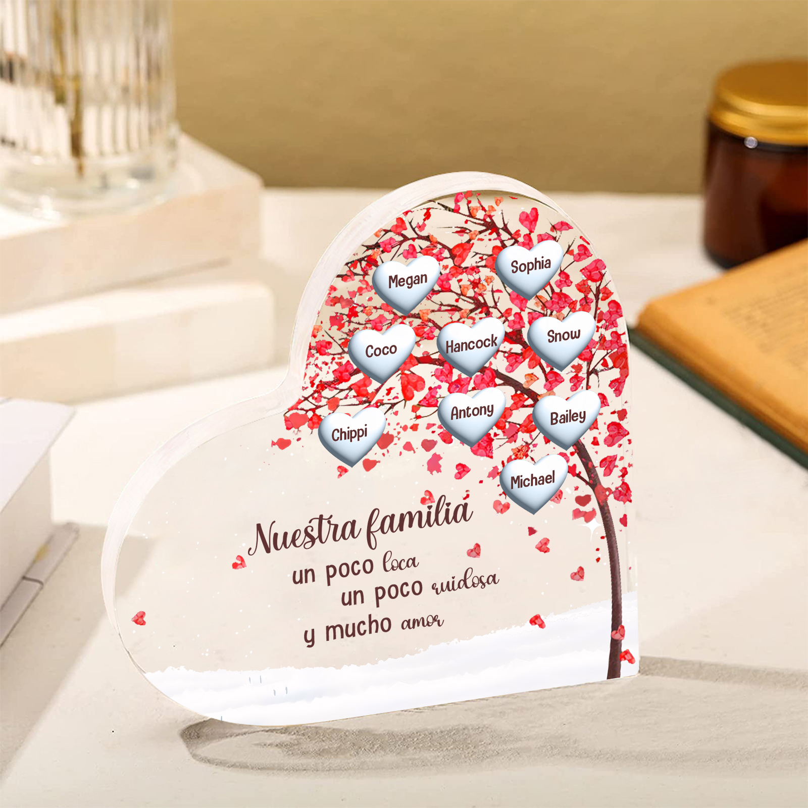 A la familia-Placa de acrílico en forma de corazón árbol de vida 9 nombres personalizados | Jessemade