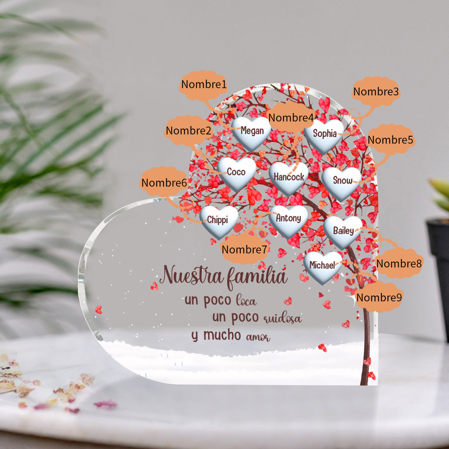 A la familia-Placa de acrílico en forma de corazón árbol de vida 9 nombres personalizados | Jessemade
