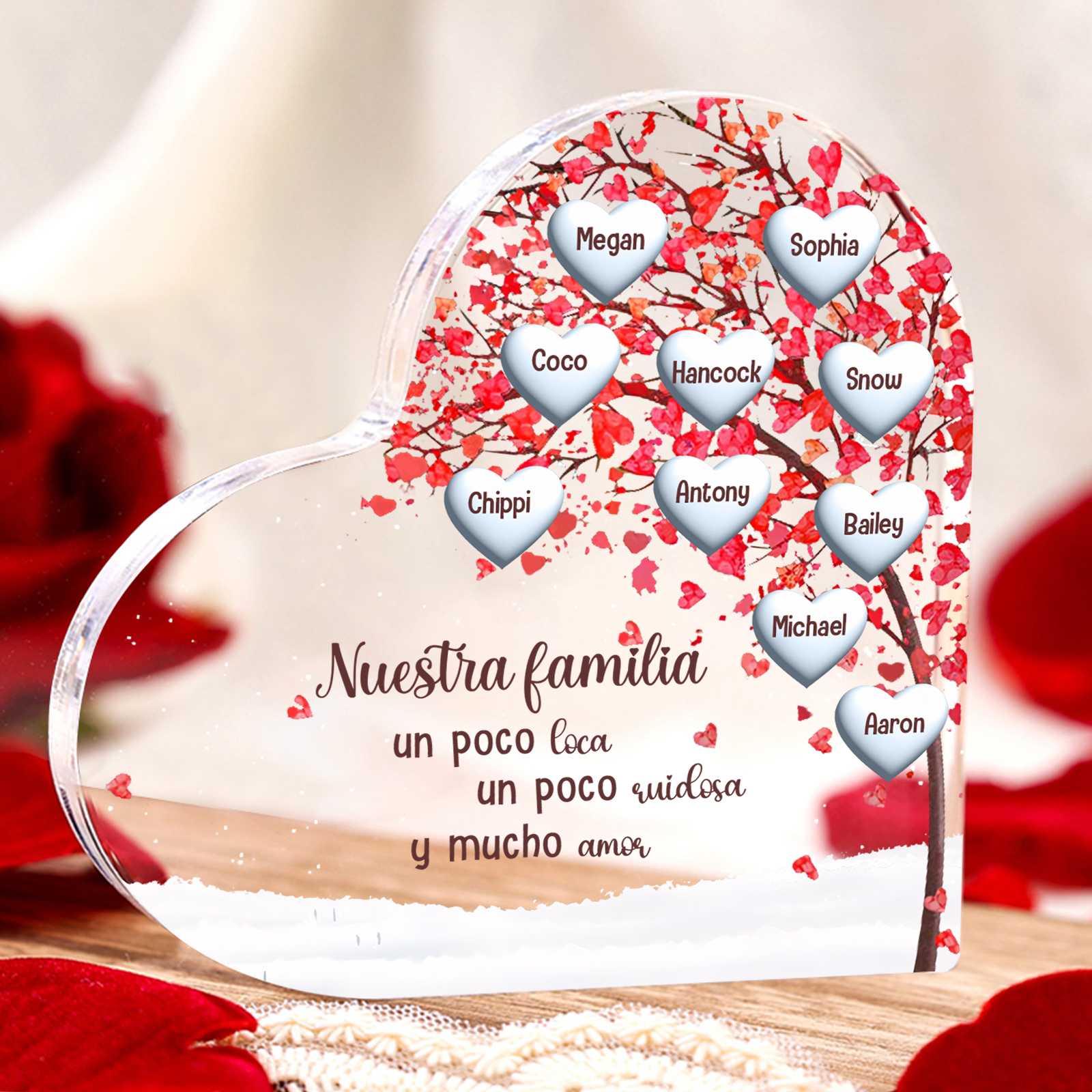 A familia-Placa de acrílico en forma de corazón árbol de vida 1 nombre
