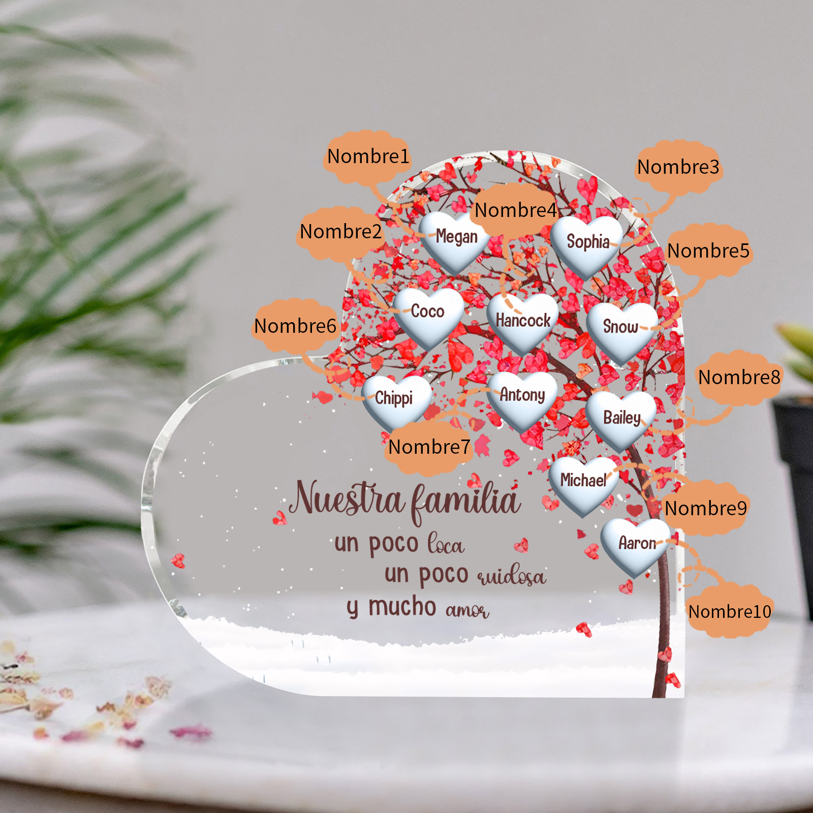 A la familia-Placa de acrílico en forma de corazón árbol de vida 10 nombres personalizados | Jessemade