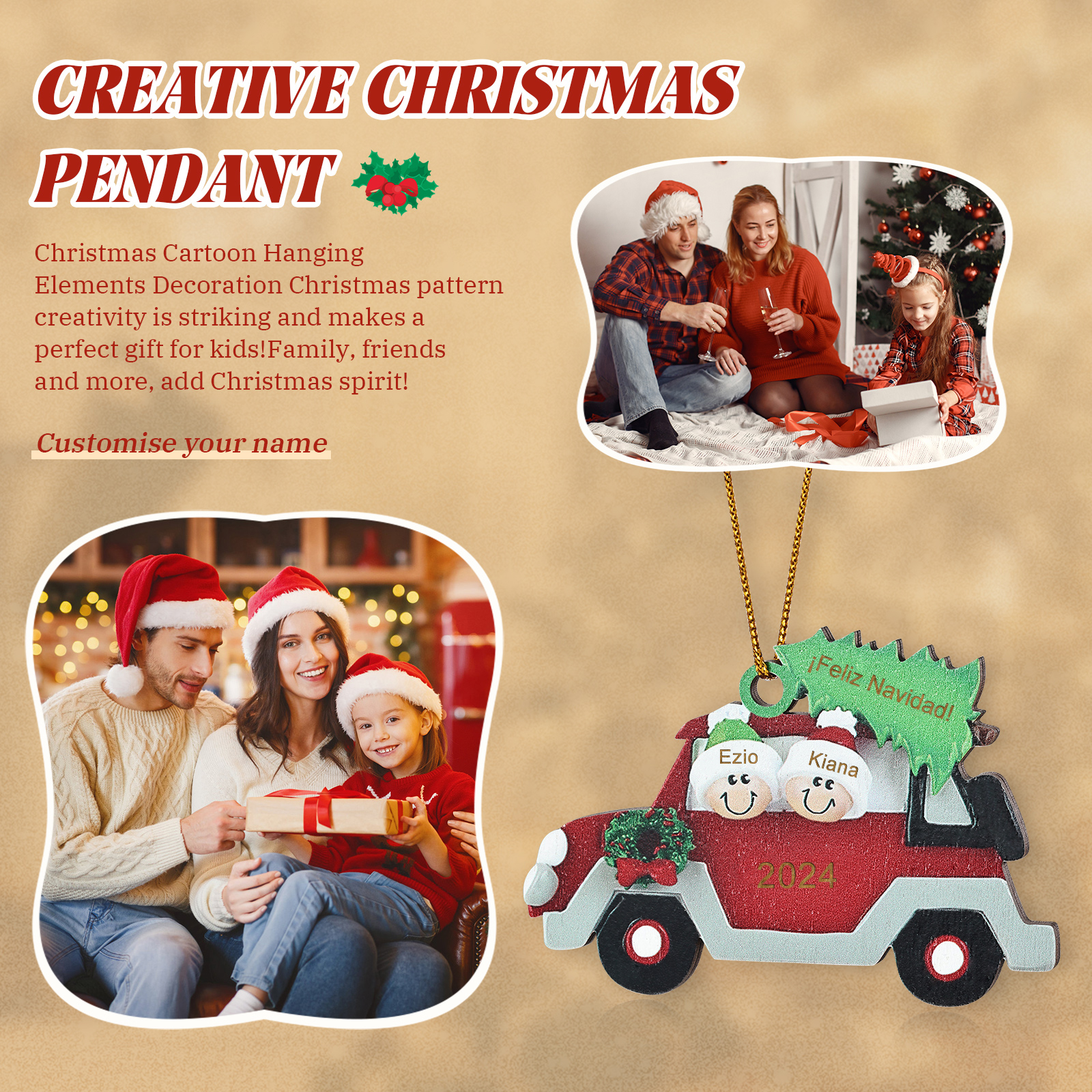 Navidad-Ornamento con muñecos de madera coche y árbol 2 nombres, año y texto personalizados | Jessemade