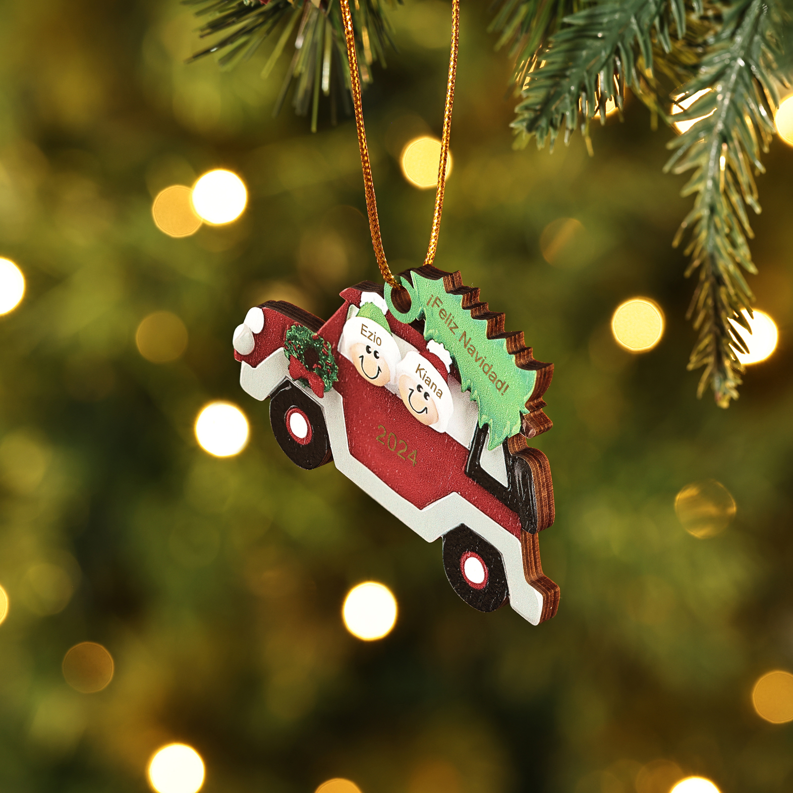 Navidad-Ornamento con muñecos de madera coche y árbol 2 nombres, año y texto personalizados | Jessemade