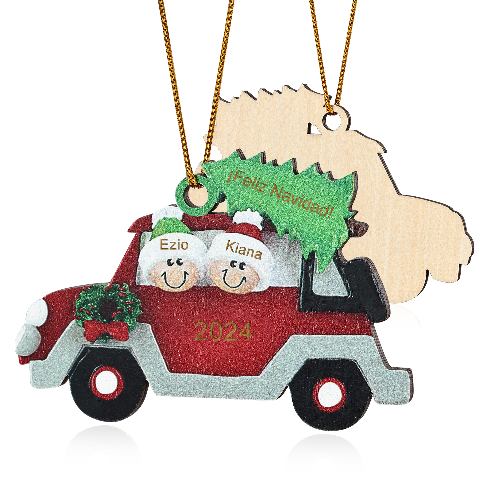 Navidad-Ornamento con muñecos de madera coche y árbol 2 nombres, año y texto personalizados | Jessemade