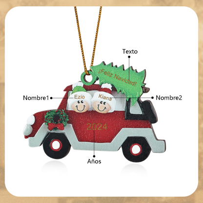 Navidad-Ornamento con muñecos de madera coche y árbol 2 nombres, año y texto personalizados | Jessemade