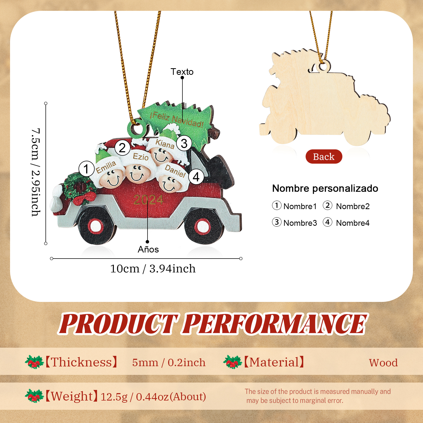 Navidad-Ornamento con muñecos de madera coche y árbol 4 nombres, año y texto personalizados | Jessemade