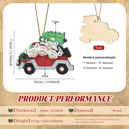 Navidad-Ornamento con muñecos de madera coche y árbol 4 nombres, año y texto personalizados | Jessemade