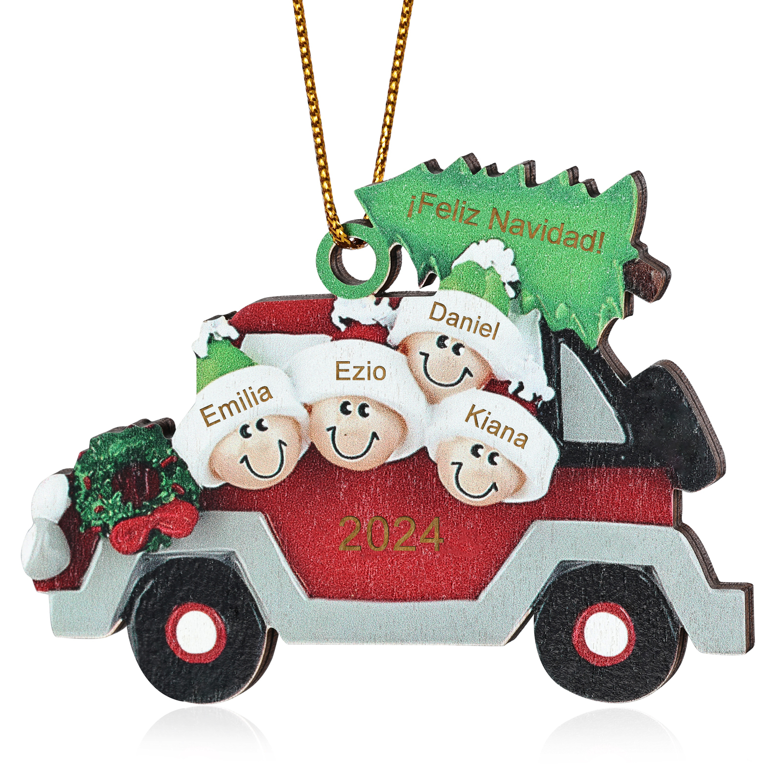 Navidad-Ornamento con muñecos de madera coche y árbol 4 nombres, año y texto personalizados | Jessemade
