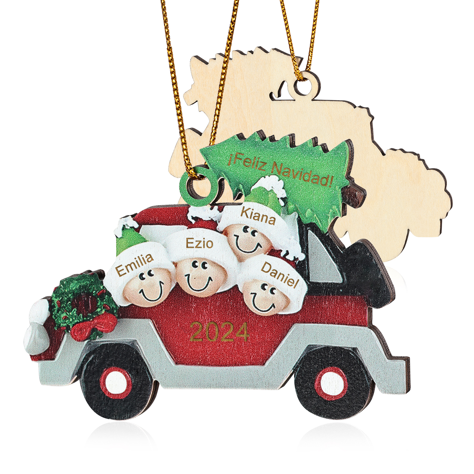 Navidad-Ornamento con muñecos de madera coche y árbol 4 nombres, año y texto personalizados | Jessemade