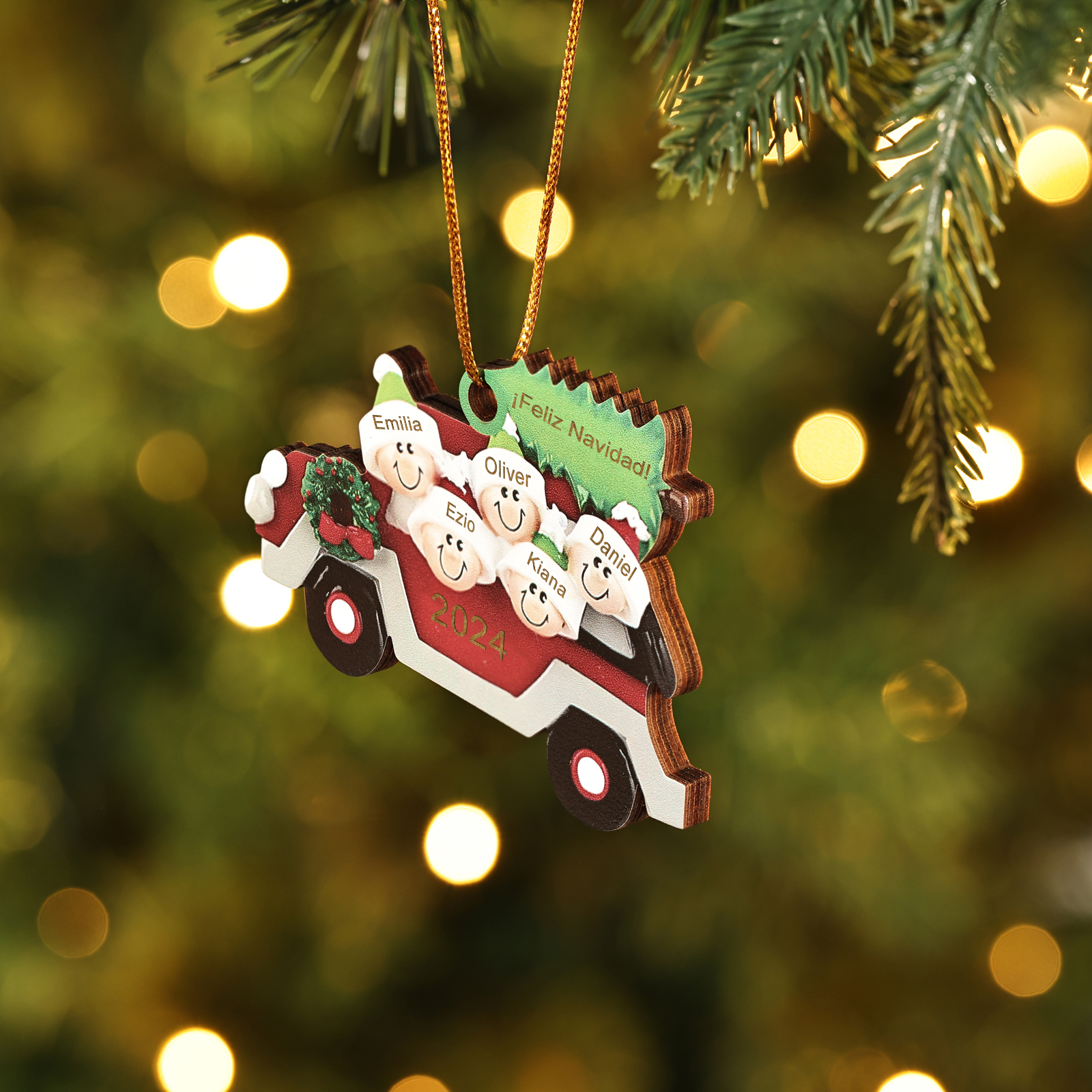 Navidad-Ornamento con muñecos de madera coche y árbol 5 nombres, año y texto personalizados | Jessemade