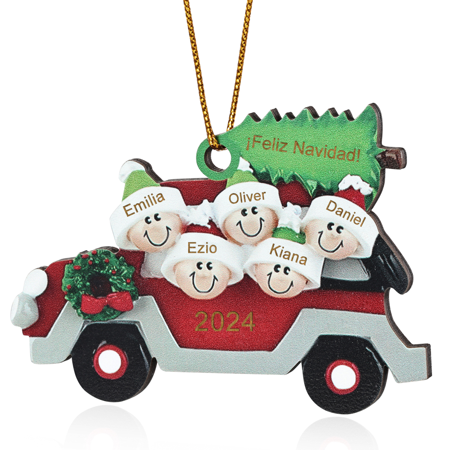 Navidad-Ornamento con muñecos de madera coche y árbol 5 nombres, año y texto personalizados | Jessemade