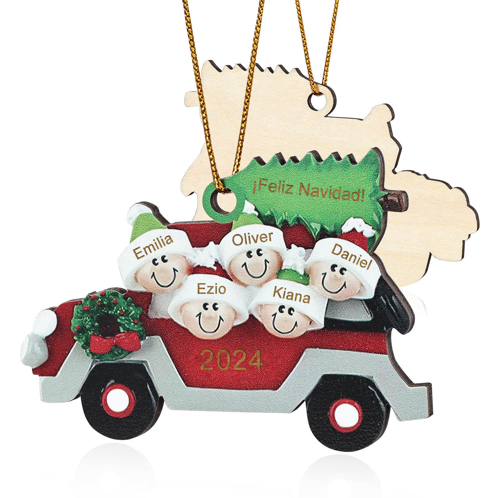 Navidad-Ornamento con muñecos de madera coche y árbol 5 nombres, año y texto personalizados | Jessemade