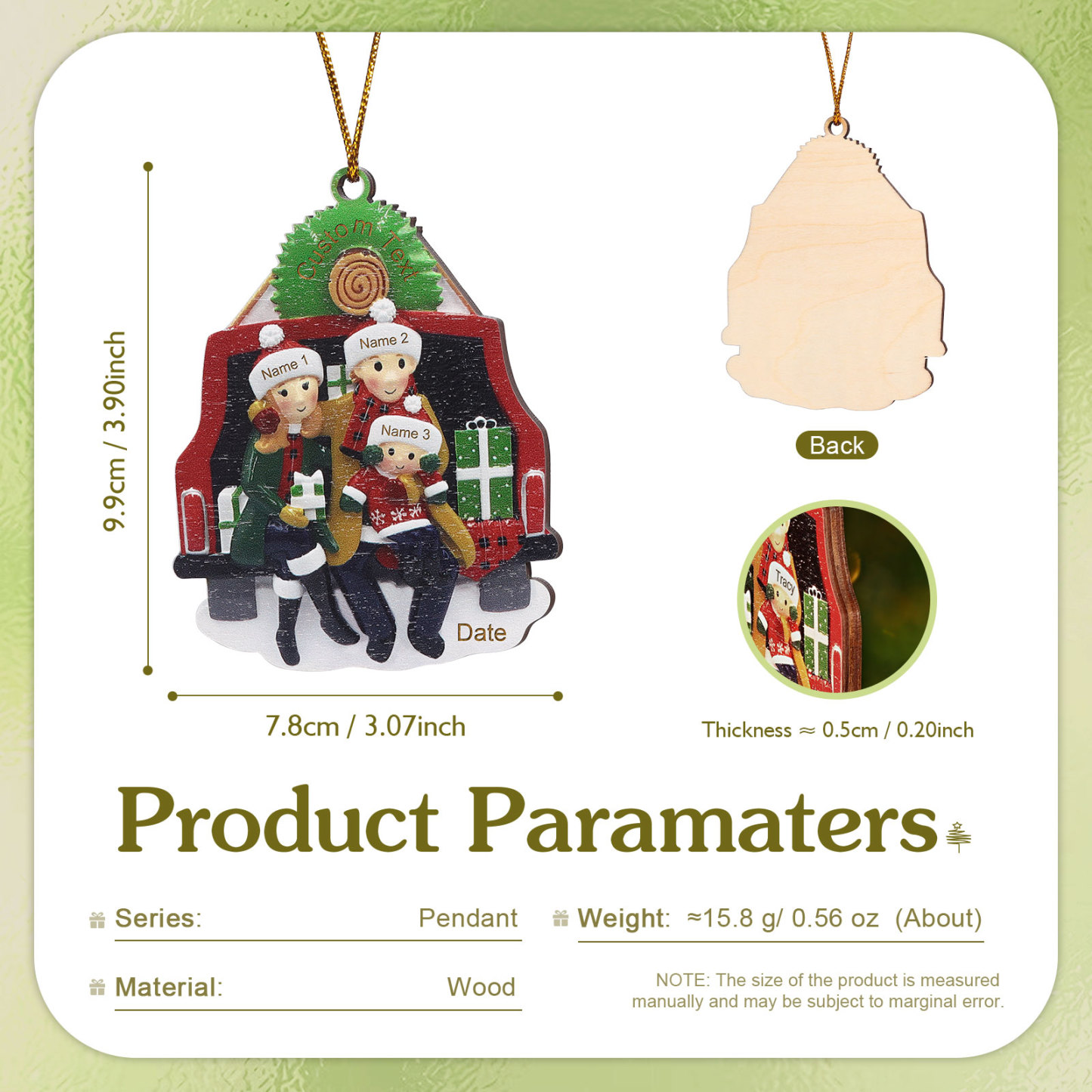 Navidad-Ornamento con muñecos de madera familia con regalos en coche 3 nombres, año y texto personalizados | Jessemade