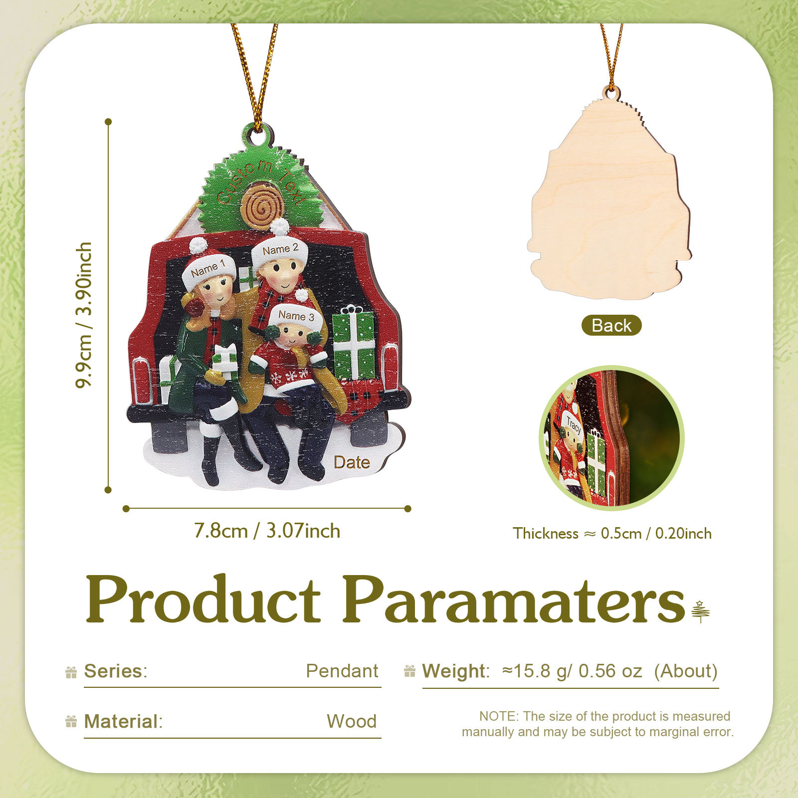 Navidad-Ornamento con muñecos de madera familia con regalos en coche 3 nombres, año y texto personalizados | Jessemade