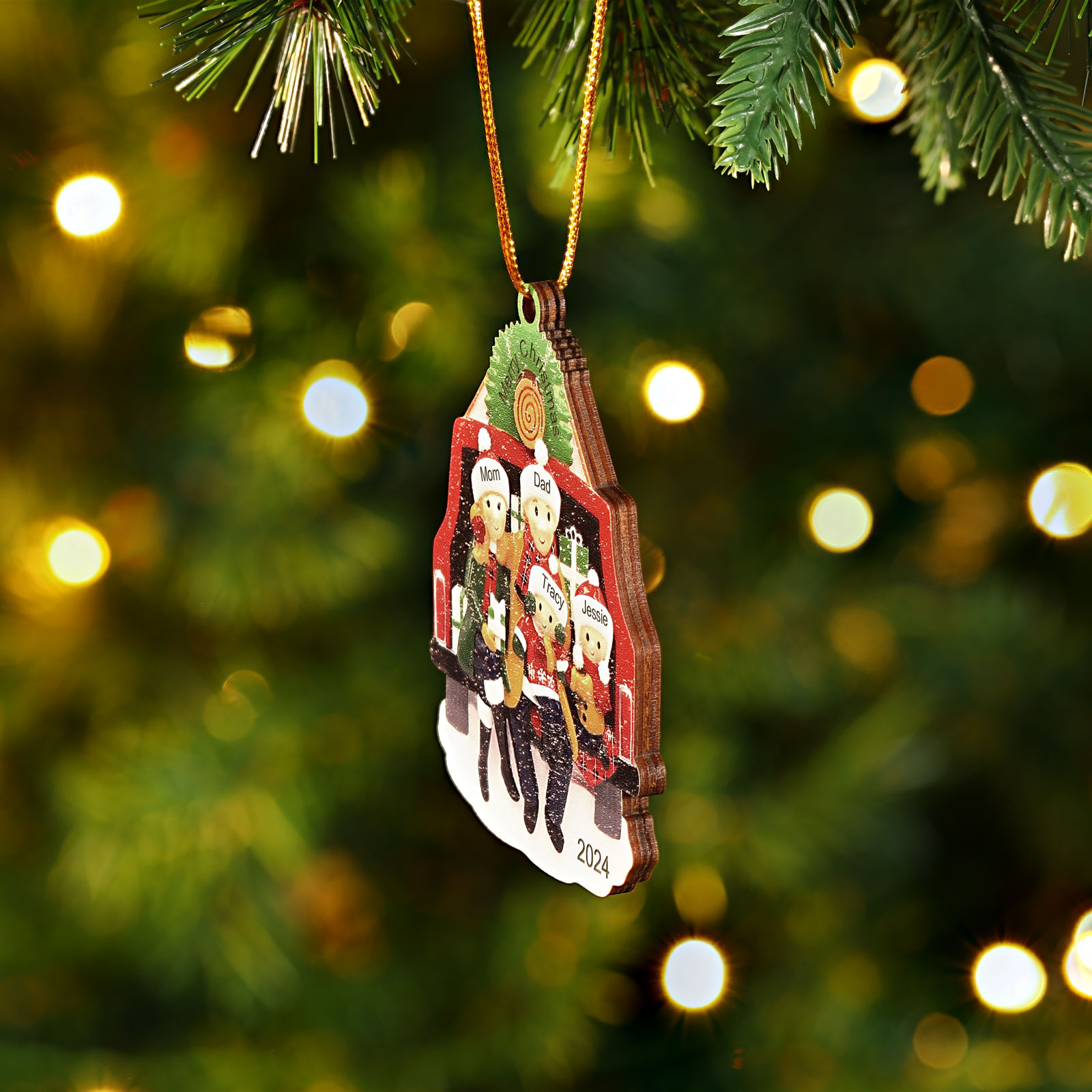 Navidad-Ornamento con muñecos de madera familia con regalos en coche 4 nombres, año y texto personalizados | Jessemade