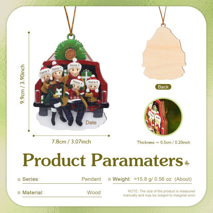 Navidad-Ornamento con muñecos de madera familia con regalos en coche 5 nombres, año y texto personalizados | Jessemade