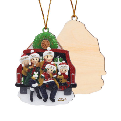 Navidad-Ornamento con muñecos de madera familia con regalos en coche 5 nombres, año y texto personalizados | Jessemade